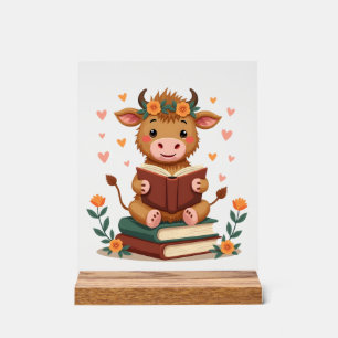 Vintage Hooglandkoe die Boeken Leest Bloemig Schat Acryl Bord