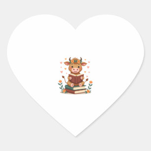 Vintage Hooglandkoe die Boeken Leest Bloemig Schat Hart Sticker