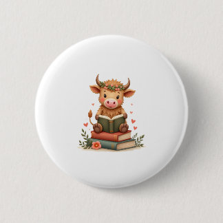 Vintage Hooglandkoe die Boeken Leest Bloemig Schat Ronde Button 5,7 Cm
