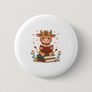Vintage Hooglandkoe die Boeken Leest Bloemig Schat Ronde Button 5,7 Cm