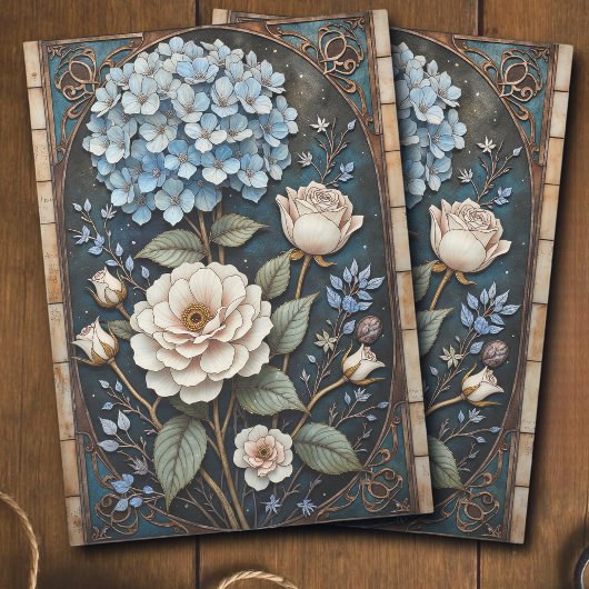 Vintage Hortensia Roos Gebrandschilderde Decoupage Tissuepapier