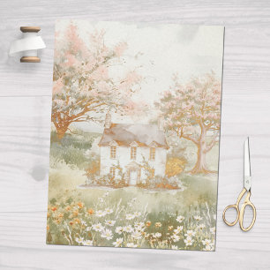 Vintage huis in The Green Meadow Cottagecore Kunst Tissuepapier