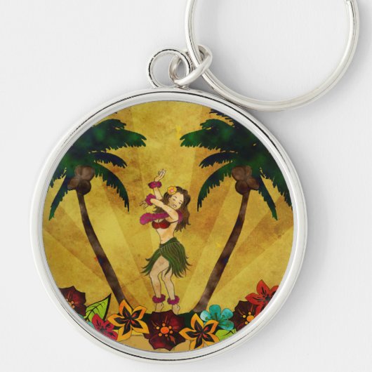 Vintage Hula Girl Palm Trees Sleutelhanger (Voorkant)