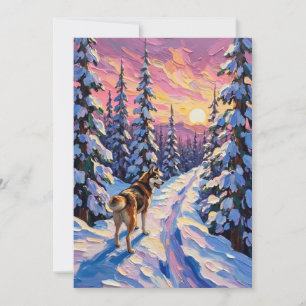 Vintage Husky op Besneeuwde Kerstwoudpad Feestdagenkaart