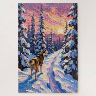 Vintage Husky op Besneeuwde Kerstwoudpad Legpuzzel