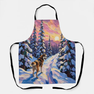 Vintage Husky op Besneeuwde Kerstwoudpad Schort