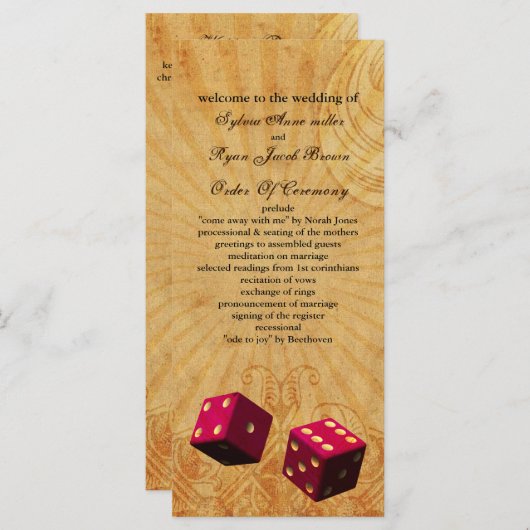 vintage huwelijksprogramma pink dice Vegas Programmakaart (Voorkant / Achterkant)
