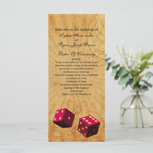 vintage huwelijksprogramma pink dice Vegas Programmakaart (Staand voorkant)
