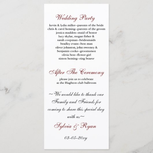 Vintage huwelijksprogramma programmakaart (Achterkant)