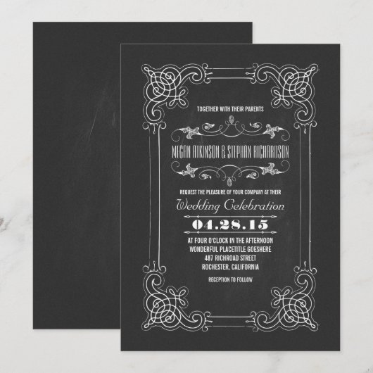 Vintage huwelijksuitnodiging krijtbord bloeit kaart (Voorkant / Achterkant)