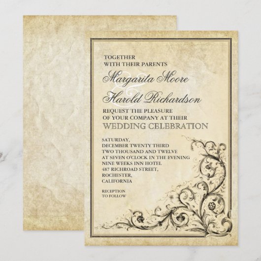 Vintage huwelijksuitnodiging met bloeiende werveli kaart (Voorkant / Achterkant)