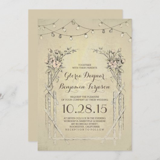 Vintage huwelijksuitnodiging met strijklichten kaart (Voorkant / Achterkant)