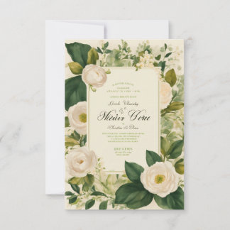 Vintage huwelijksuitnodiging met witte bloemen RSVP kaartje