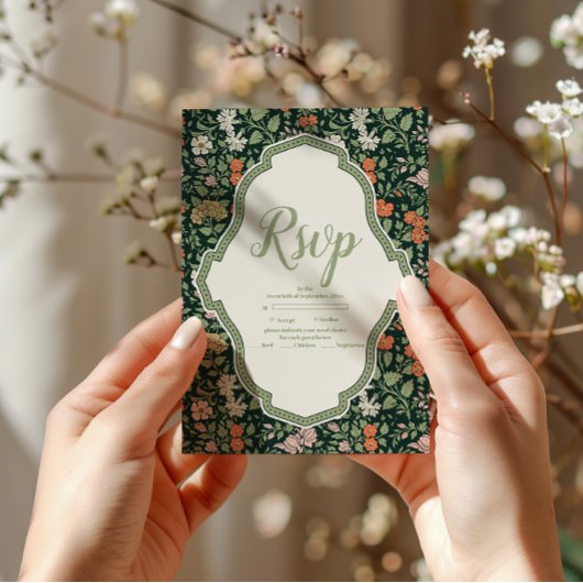 Vintage huwelijksuitnodiging William Morris RSVP Kaartje