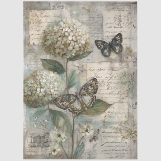 Vintage Hydrangea & Butterfly Ephemera Decoupage Tissuepapier (Voorkant)