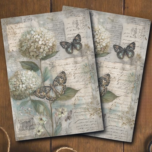 Vintage Hydrangea & Butterfly Ephemera Decoupage Tissuepapier