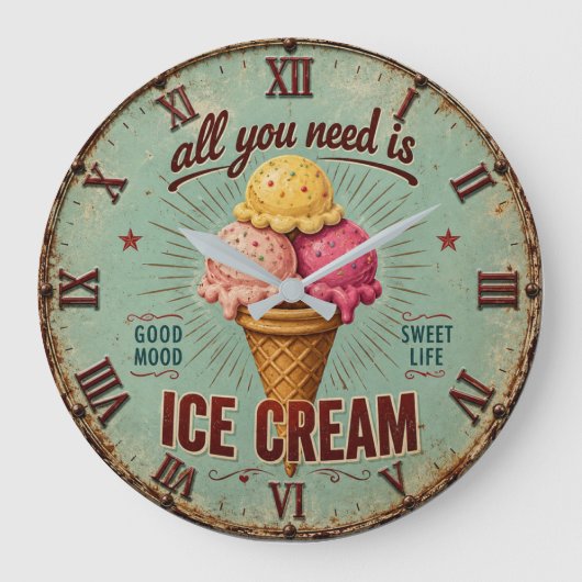 Vintage Ice Cream Retro Kitchen Grote Klok (Voorkant)