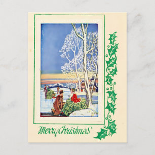 Vintage ijshockeyën en sneeuw Winter Kerstvakantie Briefkaart