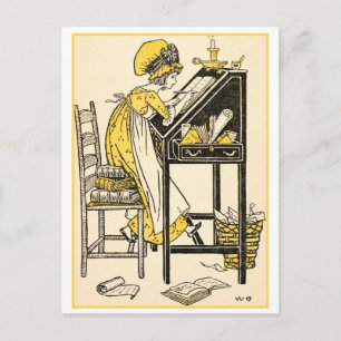 Vintage illustratie van een meisje dat schrijft briefkaart