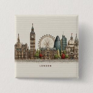 Vintage illustratie van het Londense stadsprofiel  Vierkante Button 5,1 Cm