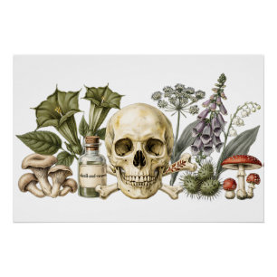Vintage illustratie van schedel in giftuin met bot perfect poster