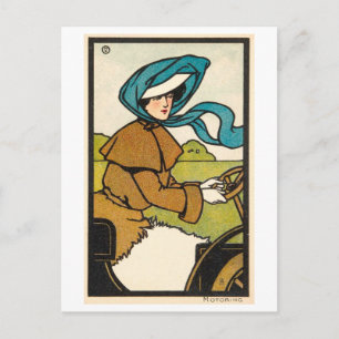 Vintage illustratie van vrouw die een auto bestuur briefkaart
