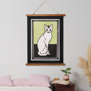 Vintage illustratie van zittende kat in zwart groe hangend wandkleed