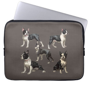 Vintage illustraties van Boston Terriers op Taupe Laptop Sleeve