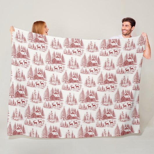 Vintage Illustration Reindeer and Houses Winter Fleece Deken (In situ)