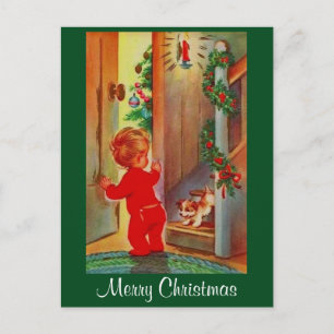 Vintage Image Little Boy & Dog kerstBriefkaart Feestdagenkaart