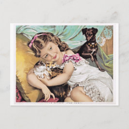 Vintage Image, Little Girl Cuddling Kittens Briefkaart