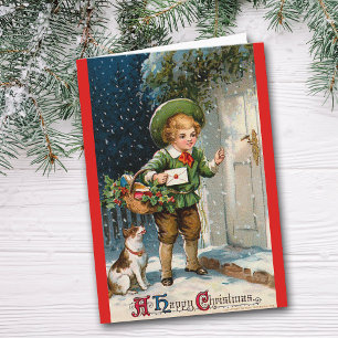 Vintage Image Victoriaans Delivery Boy Kerstmis Feestdagen Kaart