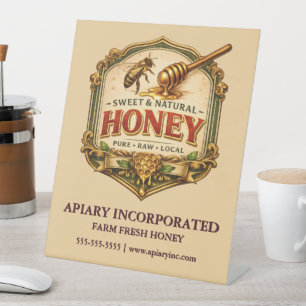 Vintage imker apiarist honing labelstand beige reclamebord met voetstuk
