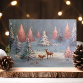 Vintage in snowy woud roze kerstbomen feestdagen kaart