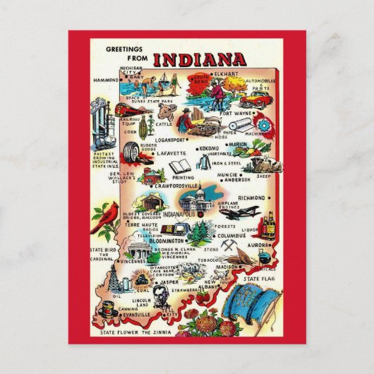 Vintage Indiana Geïllustreerd Briefkaart (Voorkant)
