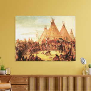 Vintage Indianen, Sioux Oorlogsraad door Catlin Canvas Afdruk