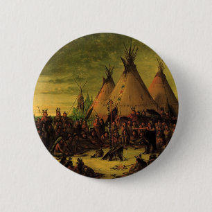 Vintage Indianen, Sioux Oorlogsraad door Catlin Ronde Button 5,7 Cm