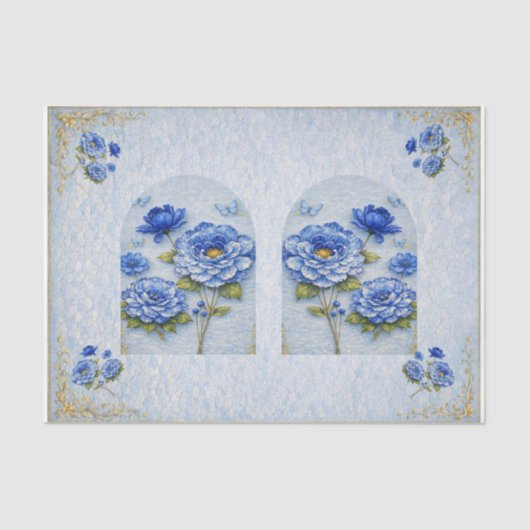 Vintage Inspired Blue & Gold Floral Decoupage Tissuepapier (Voorkant)