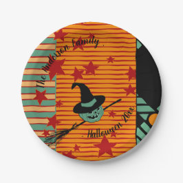 Vintage-Inspired Dusty Teal Retro Pumpkin & Witch Papieren Bordje