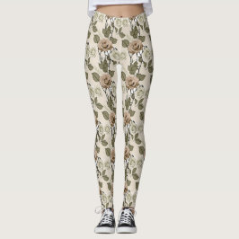 Vintage Inspired Sepia Roses With Green Leaves Leggings