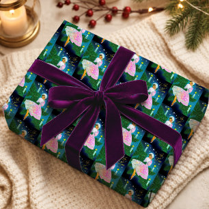 Vintage Iridiscerende Glitter Kerst Kaars Meisje Cadeaupapier