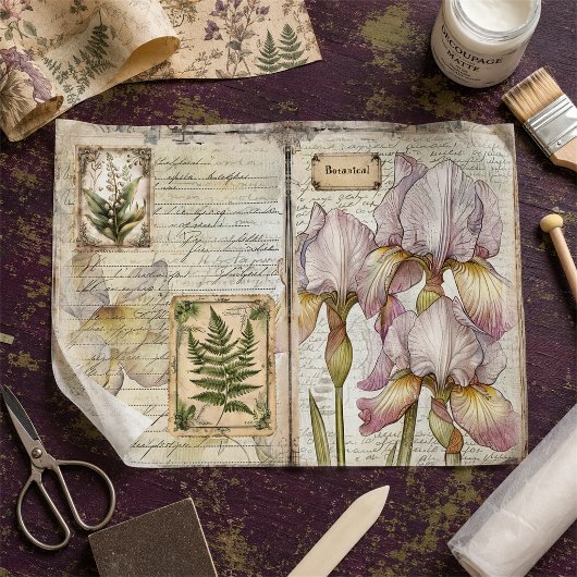 Vintage Iris & Fern Botanische Decoupage Ephemera Tissuepapier