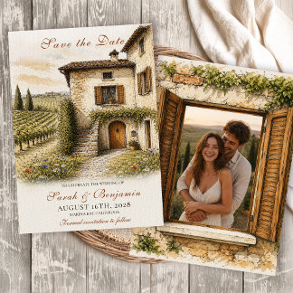 Vintage Italian Farmhouse Photo Save the Date Kaart