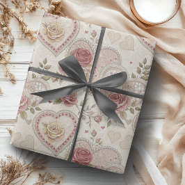 Vintage Ivory Brown Frilled Hearts Rose Pattern Cadeaupapier