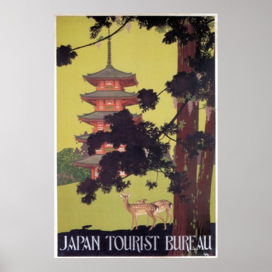 Vintage Japan Travel Deer and Temple Poster (Voorkant)