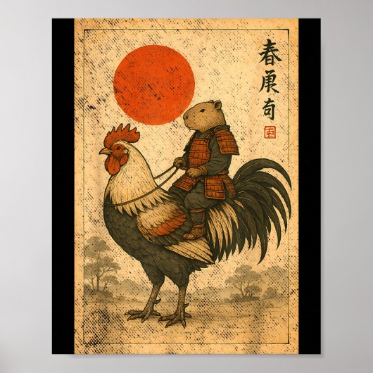 Vintage Japanese Samurai Capybara Rooster Chicken  Poster (Voorkant)