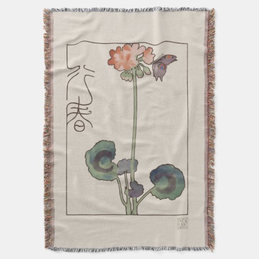 Vintage Japanese Spring Art: Geranium & Butterfly Deken (Voorkant Verticaal)