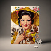 Vintage Japanese Woman and Puppies Legpuzzel