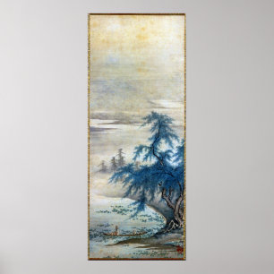 Vintage Japanese Zhou Maoshu Appreciating Lotuses Poster