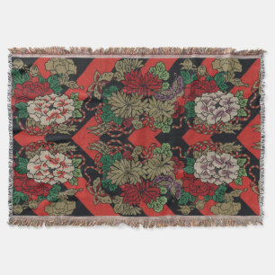 Vintage Japans Bloemmotief Pioenrood Zwart Patroon Deken